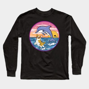 Cute Corgi Swimming With Dolphins Long Sleeve T-Shirt
